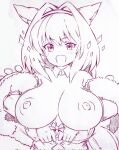  1girl :d animal_ears bare_shoulders blush bouncing_breasts breasts commentary_request detached_collar dobrynya_nikitich_(fate) fate/grand_order fate_(series) hairband highres large_breasts looking_at_viewer monochrome nipples short_hair smile solo traditional_media tsukareta_san 