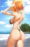 1girl absurdres almohada arms_up ass back bare_shoulders bikini blue_sky breasts cloud cowboy_shot earrings from_behind halterneck highres jewelry large_breasts nami_(one_piece) one_piece orange_hair outdoors shore shoulder_tattoo sideboob sky swimsuit tattoo thong watch water waves 