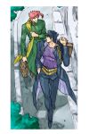  2boys bag black_hair bookbag chain gakuran hat highres jojo_no_kimyou_na_bouken kakyoin_noriaki kujo_jotaro long_coat male_focus multiple_boys nitako pink_hair scarf school_uniform stardust_crusaders walking yellow_scarf 