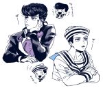  2boys blue_eyes blue_nails chibi diamond_wa_kudakenai dixie_cup_hat gakuran hand_on_own_cheek hand_on_own_face hat higashikata_josuke higashikata_josuke_(jojolion) jojo_no_kimyou_na_bouken jojolion male_focus military_hat monochrome multiple_boys multiple_monochrome namesake pompadour purple_eyes purple_nails sailor school_uniform setsunano spot_color tooth_gap translated 