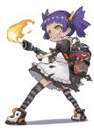  1girl akefumi chibi fire flamethrower grin highres holding holding_weapon maid maid_mafia_k official_art purple_hair sharp_teeth smile solo striped striped_legwear teeth thighhighs torn_clothes torn_legwear twintails weapon white_background yellow_eyes 