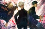  3boys ahoge amon_koutarou bangs barefoot black_hair black_nails black_pants colored_skin eyebrows_visible_through_hair from_side gradient gradient_background grey_eyes hand_on_hip heterochromia highres kaneki_ken kyuuba_melo long_sleeves multicolored_background multiple_boys nail_polish open_mouth pants parted_bangs red_eyes red_skin shiny shiny_hair short_hair takizawa_seidou teeth tokyo_ghoul tokyo_ghoul:re white_hair 