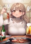  +_+ 1girl alcohol beer beer_mug blush bottle breast_rest breasts brown_eyes brown_hair check_commentary chopsticks commentary commentary_request cup drooling eyebrows_visible_through_hair food highres holding holding_chopsticks holding_cup jewelry large_breasts long_hair long_sleeves meat mug necklace open_mouth original sakura_yuki_(clochette) saliva solo sweater table thought_bubble translation_request turtleneck turtleneck_sweater white_sweater 