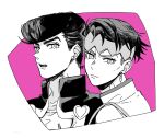  2boys diamond_wa_kudakenai earrings gakuran hairband headband higashikata_josuke jewelry jojo_no_kimyou_na_bouken kishibe_rohan male_focus monochrome multiple_boys pompadour school_uniform setsunano undercut 