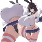  1girl anda_inmu animal_ears belt beltskirt black_hair blue_skirt breasts buttons collarbone cosplay dual_persona elbow_gloves fake_animal_ears gigantic_breasts gloves hat highres kantai_collection neckerchief pleated_skirt pom_pom_(clothes) pubic_hair rabbit_ears red_eyes sailor_collar sailor_shirt shameimaru_aya shimakaze_(kancolle) shimakaze_(kancolle)_(cosplay) shirt simple_background skirt sleeveless solo striped striped_legwear thighhighs thong tokin_hat touhou white_background wings 