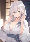  1girl bangs breasts cleavage closed_mouth green_eyes hands_up highres hololive japanese_clothes kimono large_breasts long_sleeves looking_at_viewer medium_breasts mou_tama_maru shirogane_noel silver_hair smile solo virtual_youtuber wide_sleeves 