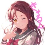  1girl bangs commentary eyebrows_visible_through_hair hair_ornament half_updo long_hair looking_at_viewer love_live! love_live!_sunshine!! one_eye_closed orange_eyes portrait red_hair sakurauchi_riko school_uniform shamakho shiny shiny_hair sidelocks signature smile solo translation_request uranohoshi_school_uniform white_background 