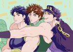  3boys black_hair blue_eyes blue_hair brown_hair chain cigarette green_eyes green_scarf highres jojo_no_kimyou_na_bouken jonathan_joestar joseph_joestar joseph_joestar_(young) kujo_jotaro long_coat male_focus multiple_boys nitako purple_hair scarf stardust_crusaders striped striped_scarf 