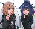  2girls :d animal_ears arknights bangs black_gloves black_jacket black_shirt blonde_hair blunt_bangs blush bottle cat_ears chips closed_eyes dragon_horns eyebrows_visible_through_hair food gloves green_jacket hanagata headphones headset holding holding_food horns id_card implied_extra_ears jacket jessica_(arknights) long_hair looking_to_the_side multicolored_hair multiple_girls open_clothes open_jacket open_mouth pink_eyes ponytail purple_hair red_hair shirt short_hair smile two-tone_hair upper_body v-shaped_eyebrows vanilla_(arknights) 