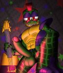  abs abstract_background absurd_res alligator alligatorid animatronic balls belt big_penis clothing crocodilian erection eyewear fingerless_gloves five_nights_at_freddy&#039;s five_nights_at_freddy&#039;s:_security_breach genitals gloves handwear hi_res humanoid_genitalia humanoid_penis looking_at_viewer machine male mohawk montgomery_gator_(fnaf) muscular musical_instrument pecs penis red_eyes reptile robot scalie scottgames sharp_teeth shoulder_pads solo sunglasses t6ktal teeth video_games 