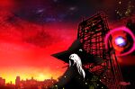  1girl artist_name city hat light_takasaka long_hair original outdoors profile red_sky sky solo white_hair wide_shot witch witch_hat 