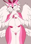  2022 2d_animation animated anthro breasts canid canine digital_drawing_(artwork) digital_media_(artwork) female fur genitals hi_res horn looking_at_viewer mammal multicolored_body multicolored_fur navel nipples pink_body pink_horn pink_nipples pink_pussy pussy reiko4835i simple_background smiley_face standing staro white_body white_wings wings 