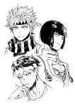  3boys bangs battle_tendency blunt_bangs bob_cut bruno_buccellati caesar_anthonio_zeppeli diamond_wa_kudakenai feather_hair_ornament feathers greyscale hair_ornament headband holding holding_pen jojo_no_kimyou_na_bouken kishibe_rohan male_focus monochrome multiple_boys pen scarf setsunano striped striped_scarf triangle_print undercut vento_aureo zipper 