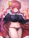  1girl black_cape black_panties breasts cape cowboy_shot dragon_claw dragon_girl dragon_horns fire highres horns huge_breasts ilulu_(maidragon) kobayashi-san_chi_no_maidragon looking_at_viewer midriff navel panties pointy_ears red_eyes slit_pupils solo suterisu underwear yellow_horns 