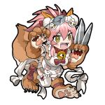  1girl animal_ear_fluff animal_ears animal_hands apron asymmetrical_legwear bangs bell blush bow breasts cat_hair_ornament cat_paws collar commentary eyebrows_visible_through_hair fangs fate/grand_order fate_(series) fox_ears fox_girl fox_tail full_body hair_between_eyes hair_bow hair_ornament highres holding holding_knife jingle_bell knife kusama_takato ladle large_breasts looking_at_viewer maid_headdress mismatched_legwear naked_apron neck_bell open_mouth outline paw_print pink_hair ponytail red_bow sidelocks simple_background sleeveless smile solo tail tamamo_(fate) tamamo_cat_(fate) thighhighs thighs tongue white_background yellow_eyes 