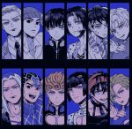  6+boys bandage_over_one_eye bangs beanie black_eyes black_hair blonde_hair blood blood_on_face blue_eyes blunt_bangs bob_cut bruno_buccellati dual_persona giorno_giovanna guido_mista haruno_shiobana hat headband injury jojo_no_kimyou_na_bouken leone_abbacchio multiple_boys narancia_ghirga pannacotta_fugo partially_colored setsunano trish_una vento_aureo younger 