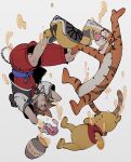  1boy arms_behind_head arms_up belt blue_belt blue_eyes brown_hair falling highres honey honeypot hood hooded_jacket jacket jewelry kingdom_hearts light_smile male_focus necklace oimo_(oimkimn) outstretched_arms piglet_(winnie_the_pooh) pooh short_hair short_sleeves simple_background sora_(kingdom_hearts) spiked_hair tigger upside-down winnie_the_pooh yellow_footwear 