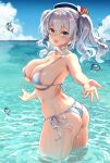  1girl :d ass bangs bare_arms bare_shoulders bikini black_headwear blue_eyes blue_sky blush breasts cleavage commentary_request day eyebrows_visible_through_hair from_side highres horizon kantai_collection kashima_(kancolle) kekocha large_breasts long_hair looking_at_viewer looking_to_the_side micro_bikini ocean open_mouth outdoors ribbon side-tie_bikini silver_hair skindentation sky smile solo splashing standing swimsuit twintails wading water water_drop wavy_hair white_bikini white_ribbon 