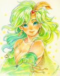  1girl breasts cape cleavage closed_mouth detached_sleeves earrings final_fantasy final_fantasy_iv green_eyes green_hair hair_ornament jewelry large_breasts long_hair looking_at_viewer older payu_(pyms11) rydia_(ff4) simple_background solo 
