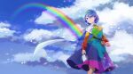  1girl belt blue_eyes blue_hair blue_sky blush breasts brown_belt cape card cloak cloud cloud_print cloudy_sky day dress happy highres holding holding_card katsuragi_atori long_sleeves multicolored_clothes multicolored_dress multicolored_hairband patchwork_clothes rainbow rainbow_gradient short_hair sky sky_print small_breasts smile tenkyuu_chimata touhou two-sided_cape two-sided_fabric white_cape white_cloak yellow_bag zipper zipper_pull_tab 