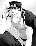  1boy chain cigarette greyscale hat highres holding holding_cigarette jacket jacket_on_shoulders jojo_no_kimyou_na_bouken kujo_jotaro male_focus monochrome nitako solo stardust_crusaders 