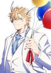  1boy asatomjj ascot balloon battle_tendency blonde_hair caesar_anthonio_zeppeli facial_mark feather_hair_ornament feathers formal green_eyes hair_ornament highres jojo_no_kimyou_na_bouken male_focus smile solo suit vest waistcoat white_suit 