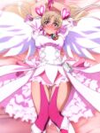  1girl angel_wings aquila_yuna arms_up blonde_hair blue_eyes blush boots bow brooch choker closed_mouth cosplay cowboy_shot cure_peach cure_peach_(angel) cure_peach_(cosplay) dress dress_bow earrings embarrassed fresh_precure! hair_ornament heart heart_earrings heart_hair_ornament jewelry knee_boots knees_together_feet_apart long_hair looking_at_viewer lying magical_girl on_back petticoat pink_choker pink_legwear pouch precure saint_seiya saint_seiya_omega short_dress solo split_mouth thighhighs twintails white_dress white_footwear white_wings wings yadokari_genpachirou 