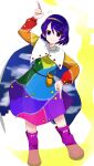  1girl absurdres aura blue_eyes blue_hair boots cape cloak dress highres long_sleeves multicolored_clothes multicolored_dress multicolored_hairband patchwork_clothes pointing pointing_down pointing_up purple_footwear rainbow_gradient red_button short_hair simple_background sky_print smile tenkyuu_chimata touhou two-sided_cape two-sided_fabric white_background white_cape white_cloak yellow_bag yosususususu zipper zipper_pull_tab 