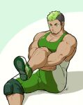  1boy bara black_hair bulge dark-skinned_male dark_skin facial_hair foot_out_of_frame goatee green_hair kaniharu large_pectorals leg_up male_focus multicolored_hair muscular muscular_male pectoral_cleavage pectoral_lift pectorals shoes short_hair sideburns sidepec sitting sneakers solo stretch taurus_mask thick_thighs thighs tokyo_afterschool_summoners two-tone_hair wrestling_outfit 