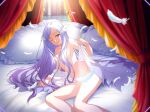  1girl ;) bangs bed bed_sheet blurry blurry_foreground breasts canopy_bed closed_mouth collarbone game_cg gradient_hair hair_censor hair_over_breasts long_hair looking_at_viewer medium_breasts multicolored_hair navel nude on_bed one_eye_closed parted_bangs pillow purple_eyes purple_hair quinella silver_hair smile solo straight_hair sword_art_online sword_art_online:_alicization_rising_steel very_long_hair white_feathers 