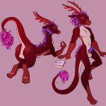  absurd_res anthro anus balls butt claws digital_media_(artwork) dragon erection feral fur genitals hair hi_res looking_at_viewer male nude penis purple_hair ramerooni red_body red_eyes scalie simple_background smile solo text 
