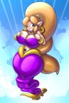  2022 animate_inanimate big_breasts breasts female genie glistening glistening_body hair hand_on_breast hi_res huge_breasts humanoid humanoid_pointy_ears implied_transformation inflatable living_inflatable magic_lamp not_furry nozzle ponytail redflare500 seam_(sewing) smile thick_thighs 
