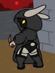  anthro big_butt black_clothing black_panties black_underwear butt clothed clothing dagger equin:_the_lantern equin_2:_the_warren_peace face_in_shadow female garter_straps glowing glowing_eyes gunsforeyes holding_object holding_weapon knife lagomorph legwear leporid lingerie mammal melee_weapon panties rabbit robe simple_background solo stockings thigh_highs underwear upskirt video_games weapon xtoli 