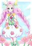  1girl absurdres braid bubble_skirt circlet closed_mouth cloud cowboy_shot cure_felice dress_flower earrings flower flower_in_eye green_eyes green_ribbon hair_flower hair_ornament hanami_kotoha highres jewelry leg_ribbon long_hair looking_at_viewer magical_girl mahou_girls_precure! multicolored_eyes pink_hair precure ribbon rii_(rii0_02) skirt sky smile solo standing symbol_in_eye twin_braids white_skirt 