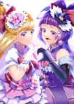  2girls :d absurdres backlighting bangs black_gloves black_headwear blonde_hair blunt_bangs bow closed_mouth cure_magical cure_miracle curecycadura elbow_gloves eyebrows_visible_through_hair gloves hair_bow hair_ornament hat heart heart_hands heart_hands_duo highres long_hair mahou_girls_precure! mini_hat multiple_girls pink_eyes pink_headwear precure purple_eyes purple_hair red_bow shiny shiny_hair shirt short_sleeves simple_background skirt smile standing star_(symbol) star_hair_ornament underbust white_background white_gloves white_shirt white_skirt witch_hat 