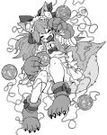  1girl :3 animal_ear_fluff animal_ears animal_feet animal_hands apron bangs bell blush bow breasts cat_hair_ornament cat_paws closed_eyes collar commentary_request eyebrows_visible_through_hair fangs fate/grand_order fate_(series) fox_ears fox_girl fox_tail full_body greyscale hair_ornament highres holding jingle_bell kusama_takato long_hair lying maid_headdress monochrome naked_apron neck_bell on_back open_mouth ponytail sidelocks simple_background sleeveless smile solo tail tamamo_(fate) tamamo_cat_(fate) tongue yarn yarn_ball 