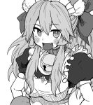  1girl animal_ear_fluff animal_ears animal_hands apron bangs bell blush bow breasts collar commentary eyebrows_visible_through_hair fang fate/grand_order fate_(series) fox_ears fox_girl fox_tail greyscale hair_between_eyes hair_bow jingle_bell kusama_takato large_breasts long_hair looking_at_viewer maid_apron maid_headdress monochrome neck_bell open_mouth ponytail short_sleeves sidelocks simple_background solo tail tamamo_(fate) tamamo_cat_(fate) tongue upper_body 