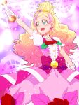  1girl :d blonde_hair bow cure_flora cure_flora_(mode_elegant_rose) dress dress_flower earrings flower flower_earrings flower_necklace gloves go!_princess_precure gradient_hair green_eyes holding holding_wand jewelry long_hair looking_up magical_girl multicolored_hair necklace open_mouth pink_background pink_bow pink_dress pink_hair precure red_flower red_rose rose smile solo sparkle streaked_hair thick_eyebrows tj-type1 two-tone_hair waist_bow waist_brooch wand white_gloves 