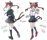  1girl :3 absurdres alternate_costume animal_ears black_bow black_legwear black_skirt bow braid brown_footwear cat_ears cat_tail claw_pose dated dual_persona extra_ears flat_chest green_bow highres kaenbyou_rin knees looking_back multiple_tails nekomata open_mouth pointy_ears red_eyes red_footwear red_hair school_uniform serafuku shirt signature simple_background skirt slit_pupils smile solo sparkle_background tail touhou twin_braids two_tails white_background white_shirt yadoyuki 