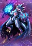  anthro bandai_namco black_body black_sclera blue_fire cape claws clothing colored_fire digimon digimon_(species) digimon_ghost_game evil_grin fire glowing glowing_eyes grusgammamon horn kagami_ver3 male sharp_claws sharp_teeth smile solo stinger stinger_tail talons teeth 