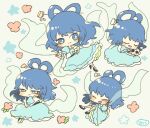  1girl artist_name blue_dress blue_eyes blue_hair blush_stickers closed_eyes closed_mouth dress flower full_body grey_background hagoromo hair_ornament hair_rings hair_stick kaku_seiga multiple_views open_clothes open_mouth open_vest pink_flower puffy_short_sleeves puffy_sleeves shawl short_hair short_sleeves signature skull smile touhou vest white_vest yoshishi_(yosisitoho) 