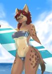  2022 absurd_res anthro breasts brown_body brown_fur clothing cloud day dipstick_tail female fur gris_swimsuit hair hi_res holding_object hyaenid kemono looking_at_viewer mammal markings multicolored_body multicolored_fur multicolored_tail navel one-piece_swimsuit outside portrait red_hair sea signature sky solo spots spotted_body spotted_fur spotted_hyena surfboard swimwear tail_markings tan_body tan_fur text three-quarter_portrait translucent translucent_clothing treyer under_boob water yellow_eyes 