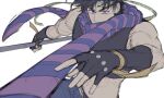  1boy asatomjj battle_tendency black_hair blue_eyes fingerless_gloves gloves hammer headband highres jojo_no_kimyou_na_bouken joseph_joestar joseph_joestar_(young) male_focus midriff perspective polearm purple_hair scarf solo striped striped_scarf triangle_print weapon 