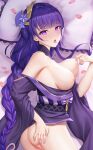  1girl absurdly_long_hair ass breasts censored cleavage flower genshin_impact hair_flower hair_ornament hand_on_hip hand_on_own_chest japanese_clothes long_hair looking_at_viewer lying mosaic_censoring nipples on_side open_mouth pillow purple_eyes purple_hair purple_nails raiden_shogun shadowgrave solo thighs tongue tongue_out very_long_hair 