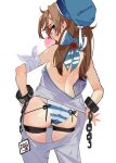  1girl absurdres arm_wrap artist_name ass back backless_outfit backless_pants blue_bow blue_eyes bow breasts brown_hair bubble_blowing chain chewing_gum commentary_request cuffs from_behind grandia_lee hair_bow hat highres looking_at_viewer medium_hair original panties pants prison_clothes sailor_hat shackles simple_background small_breasts solo striped striped_panties thigh_strap underwear upper_body white_background 
