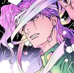  1boy bandages bandages_over_eyes earrings gakuran jewelry jojo_no_kimyou_na_bouken kakyoin_noriaki male_focus nitako pink_hair purple_hair scar scar_across_eye school_uniform solo unwrapping 