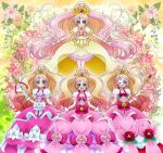  4girls :d blonde_hair bow brooch cokata cure_flora cure_flora_(grand_princess) cure_flora_(mode_elegant) cure_flora_(mode_elegant_lily) cure_flora_(mode_elegant_rose) dress floral_background flower flower_necklace gloves go!_princess_precure gradient_hair green_eyes hair_ornament heart_wand jewelry lily_(flower) looking_at_viewer magical_girl multicolored_hair multiple_girls multiple_persona necklace open_mouth pink_bow pink_dress pink_hair precure puffy_sleeves red_flower red_rose rose shiny shiny_clothes smile standing streaked_hair two-tone_hair waist_bow waist_brooch white_bow white_gloves yellow_dress yellow_flower yellow_gloves yellow_rose 