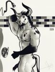  2022 anthro bgn bovid bovine butt cattle genitals hairy_penis half-erect hi_res horn male mammal monochrome muscular muscular_anthro muscular_male pecs penis shower smile solo spots vonce_(bgn) 