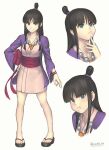  1girl ace_attorney bangs black_hair blue_eyes blunt_bangs breasts english_commentary eyebrows_visible_through_hair full_body gofelem hair_ornament half_updo hand_on_hip highres japanese_clothes jewelry kimono long_hair looking_at_viewer looking_up maya_fey necklace pout sandals smile solo standing twitter_username 