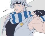  1boy asatomjj battle_tendency caesar_anthonio_zeppeli cropped_vest facial_mark feather_hair_ornament feathers fingerless_gloves gloves green_eyes hair_ornament headband jojo_no_kimyou_na_bouken male_focus scarf solo star_(symbol) striped striped_scarf tank_top triangle_print vest white_hair 